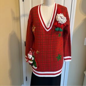 Joyland Festive Red V-Neck Christmas Sweater with Holiday Accents Size Large